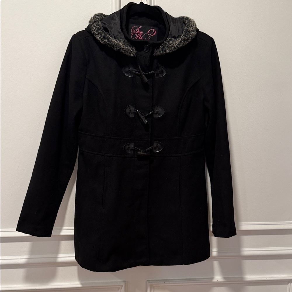 Say What?‎ Black Hooded Toggle Coat Size XL Faux Fur Trim Wool Blend